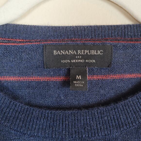 Banana Republic Sweater Men Medium Blue Stripes Merino Wool Crewneck Lightweight - Picture 3 of 6